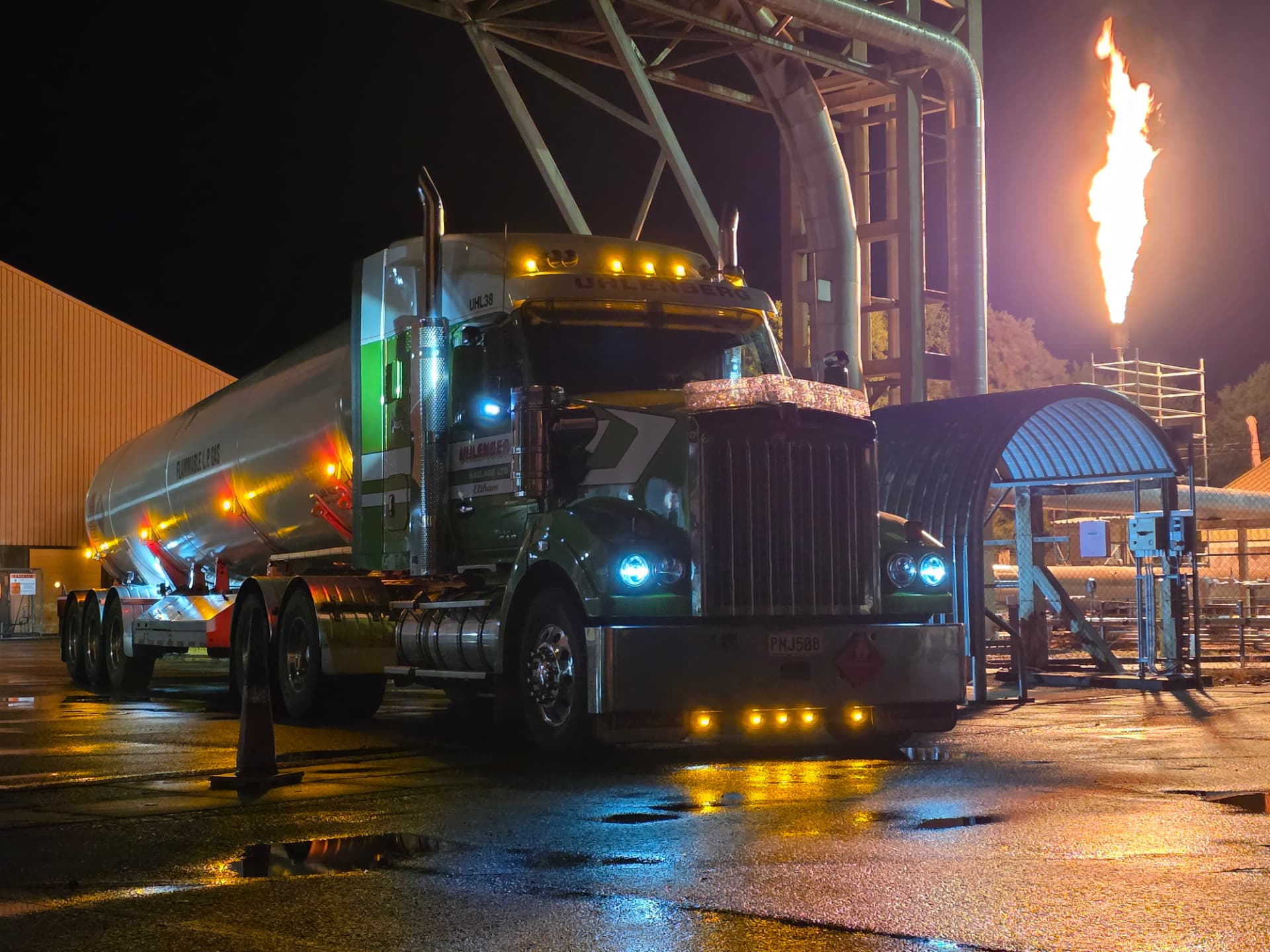 Uhlenberg LPG tanker at an industrial loading facility at night